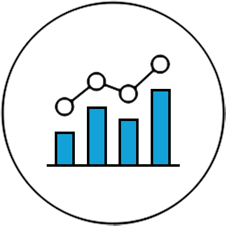 Analytics AI: rond grafiek-icoon met staafdiagram en trendlijn